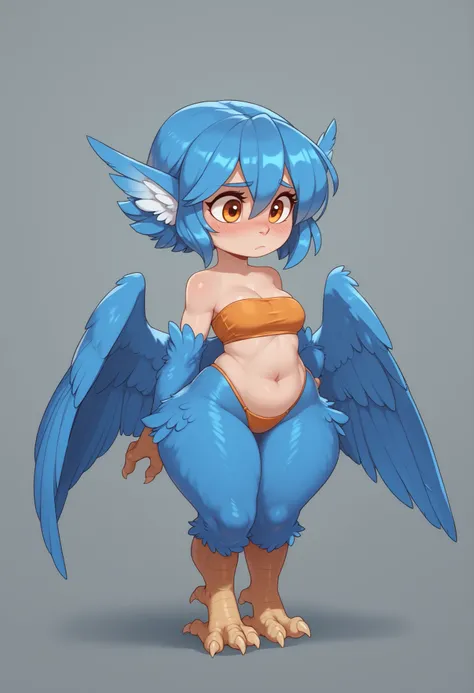 solo, huffslove, harpy, feathered wings, blue feathers, monster girl, tubetop, skimpy, shy, shortstack, huge hips