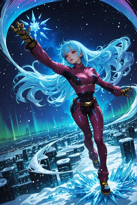 kula diamond, red eyes, blue hair, blunt bangs, long hair,armored gloves, chaps, zipper, belt, cropped jacket, leather jacket, pink jacket, pink bodysuit, multicolored jacket, multicolored bodysuit,Diamond Kula from The King of Fighters, floating gracefull...