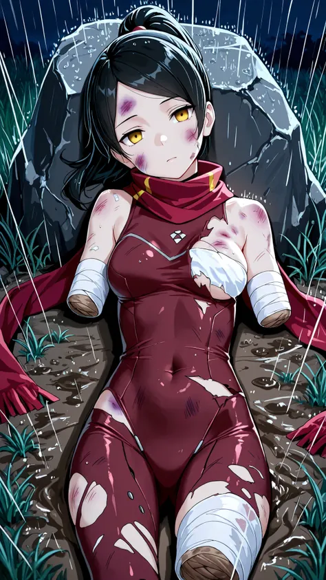 sarada doll, android, black hair, long hair, ponytail, yellow eyes, medium breasts,,bodysuit, covered navel, elbow gloves, gloves, scarf,masterpiece, best quality, 1girl, solo, armless amputee, legless amputee, bandage arm stump cover, bandage leg stump co...