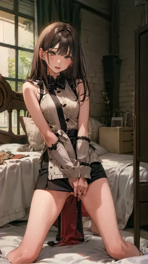 on bed、 knit 、miniskirt、sleeveless