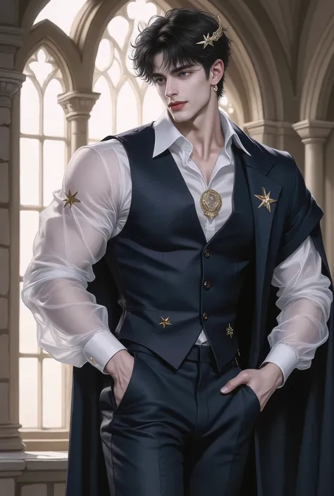 A seductive dark-haired man, around 23 years old, with tousled black waves and piercing grey eyes, posing in an extreme foreshortened angle from below. The view starts from his legs, emphasizing his strong thighs, narrow waist, and broad shoulders as he le...