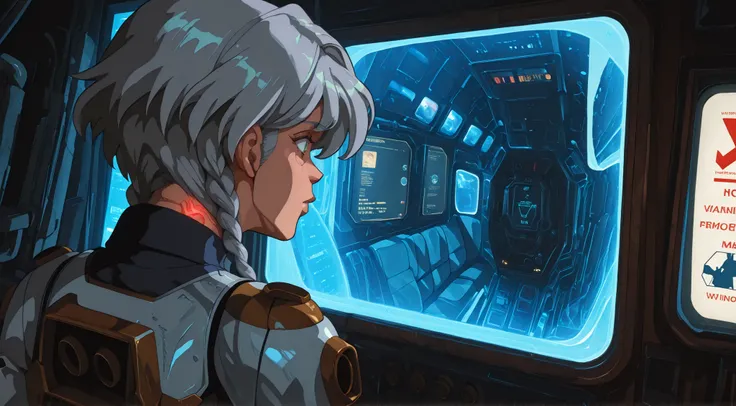 low angle back shot（roof perspective）Wide-angle view。2D digital cartoon x cyberpunk painting style，thick lines and semi-realistic face， Hand-painted grainy ，Digital noise（reference《Love to die》 S3E3 painting strokes ）。
character：brown medium length hair， s...