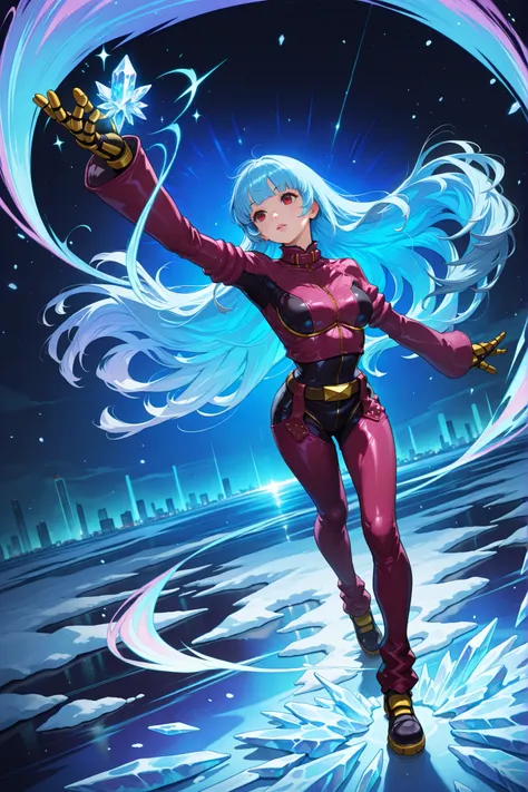handfixer,screencap, kula diamond, red eyes, blue hair, blunt bangs, long hair,armored gloves, chaps, zipper, belt, cropped jacket, leather jacket, pink jacket, pink bodysuit, multicolored jacket, multicolored bodysuit,Diamond Kula from The King of Fighter...