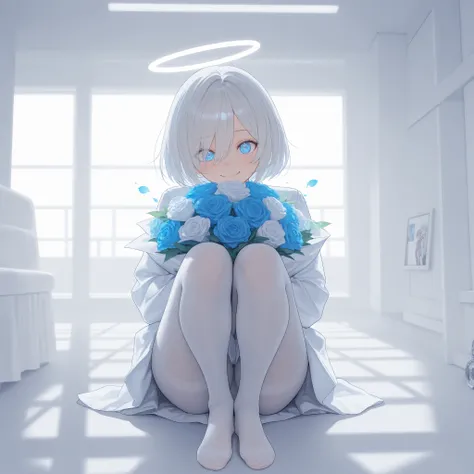 realistic, yorha 2b, masterpiece, full body view, sitting around huge bouquet of flowers, flowers everywhere, (white room backgroud:1.7),  white school shirt, white pantyhose, legs together, (legs to chest), cute face, perfect face, detailed face, white ha...