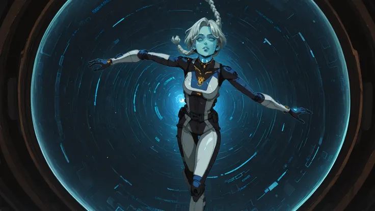 Dive shot（Simulated falling），focal length：fisheye deformation。2D digital cartoon x cyberpunk painting style，thick lines and semi-realistic face， Hand-painted grainy ，Digital noise（reference《Love to die》 S3E3 painting strokes ）。
character：brown medium lengt...