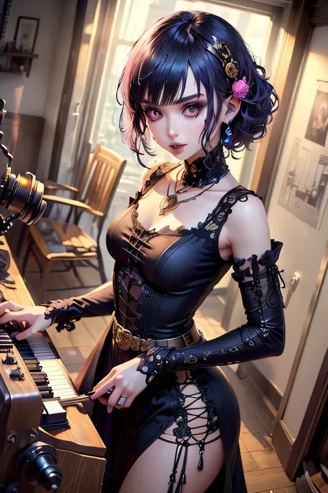 (Stand in front of a vintage dressing table, Facing,  oil burst , dark tone.), BREAK 
( Carefully Crafted , each has its own steampunk-inspired instrument, a place with young people, in a steampunk-style costume made of brass.  adorned with delicate bones ...