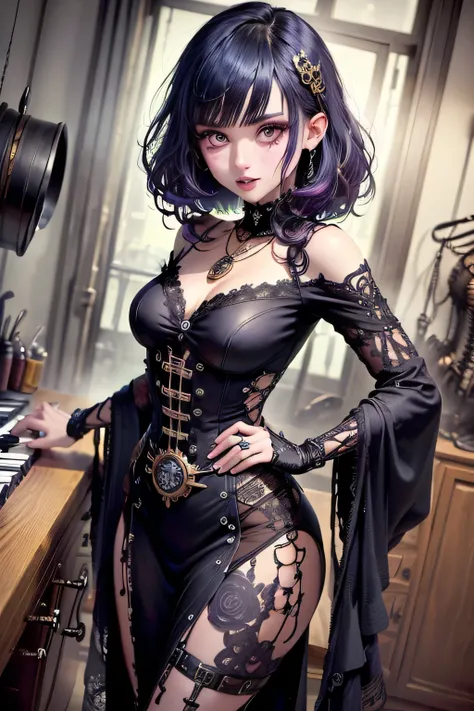 (Stand in front of a vintage dressing table, Facing,  oil burst , dark tone.), BREAK 
( Carefully Crafted , each has its own steampunk-inspired instrument, a place with young people, in a steampunk-style costume made of brass.  adorned with delicate bones ...