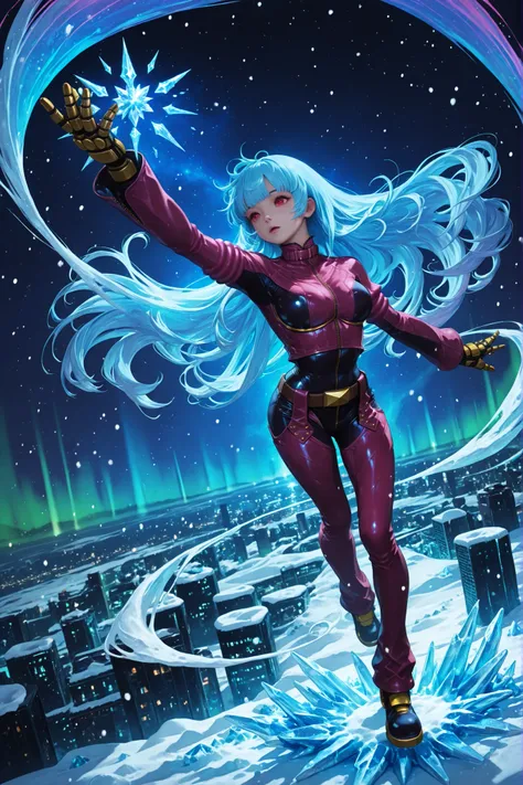kula diamond, red eyes, blue hair, blunt bangs, long hair,armored gloves, chaps, zipper, belt, cropped jacket, leather jacket, pink jacket, pink bodysuit, multicolored jacket, multicolored bodysuit,Diamond Kula from The King of Fighters, floating gracefull...