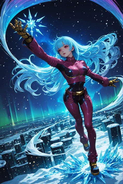 kula diamond, red eyes, blue hair, blunt bangs, long hair,armored gloves, chaps, zipper, belt, cropped jacket, leather jacket, pink jacket, pink bodysuit, multicolored jacket, multicolored bodysuit,Diamond Kula from The King of Fighters, floating gracefull...