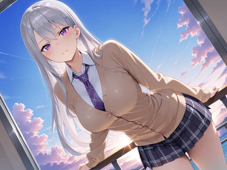 solo,masterpiece,best quality,super fine illustration、finely detail 、clear picture、UHD、HDR, amazing quality, highres, absurdres, very aesthetic, high resolution, ultra detailed, perfect details,nijikaede,purple eye,grey hair,long eyelashes,long hair,hair p...