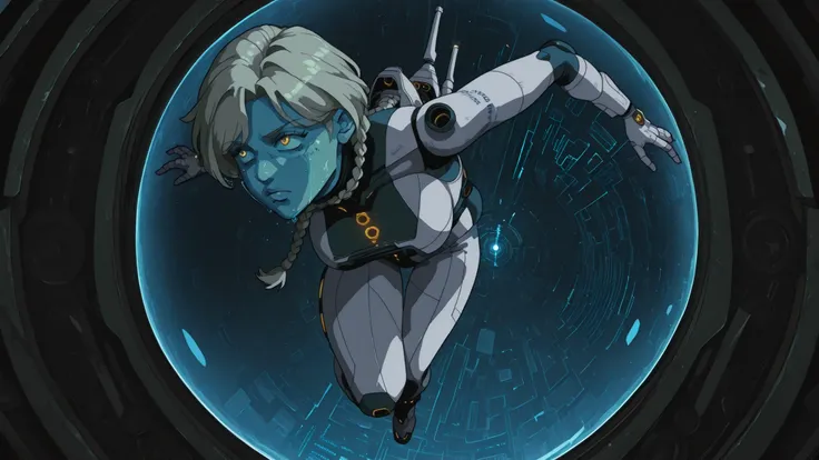 Dive shot（Simulated falling），focal length：fisheye deformation。2D digital cartoon x cyberpunk painting style，thick lines and semi-realistic face， Hand-painted grainy ，Digital noise（reference《Love to die》 S3E3 painting strokes ）。
character：brown medium lengt...