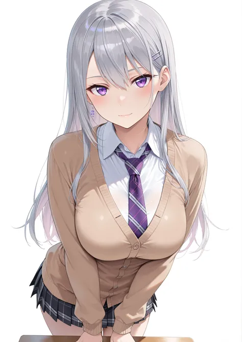 solo,masterpiece,best quality,super fine illustration、finely detail 、clear picture、UHD、HDR, amazing quality, highres, absurdres, very aesthetic, high resolution, ultra detailed, perfect details,nijikaede,purple eye,grey hair,long eyelashes,long hair,hair p...