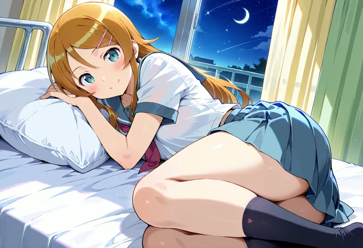 1girl,kousaka kirino, serafuku, blue pleated skirt,short sleeves, red neckerchief,black socks, ,smile,thick thighs,crescent moon, stars (sky),looking at viewer,Infirmary,bed on a futon