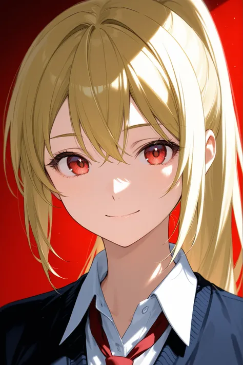 one woman、school uniform、has blond hair、ponytail、red eyes、Smile Yan、(80mm portrait lens、F1.8、Shot at ISO 100)、RAW pictures、cinematic lighting:1.3