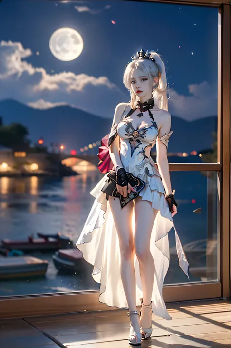 kiana zhongyan, 1st clothes, clothes: zhongyan white High-Low Dress, purple cross-shaped pupils, 1girl, black gloves, purple eyes, white hair, tiara - style ponytail band,   ,,((full body, from below)), (masterpiece, best quality, ultra-detailed, 8k), real...