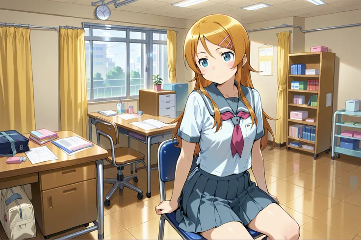 1girl,kousaka kirino, serafuku, blue pleated skirt,short sleeves, red neckerchief,black socks,expressionless,thick thighs,infirmary,sitting on chair