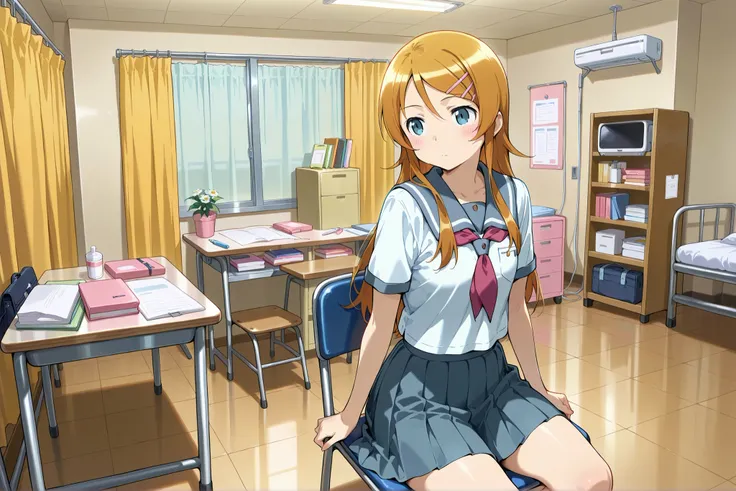1girl,kousaka kirino, serafuku, blue pleated skirt,short sleeves, red neckerchief,black socks,expressionless,thick thighs,infirmary,sitting on chair