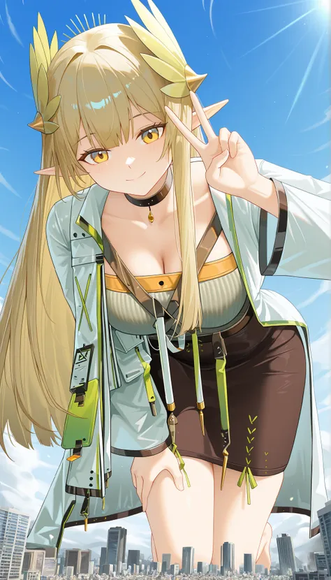 score_9_up, score_8_up, score_7_up, muelsyse_\(arknights\), pointy ears, yellow eyes, blonde hair, barefoot, laurel crown, black skirt, black choker, lab coat, , 1girl, solo,giantess, collapsed city, Outdoors, see here, peace sign, Inner thighs, beautiful...