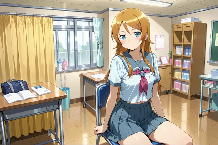 1girl,kousaka kirino, serafuku, blue pleated skirt,short sleeves, red neckerchief,black socks,expressionless,thick thighs,infirmary,sitting on chair,looking at viewer