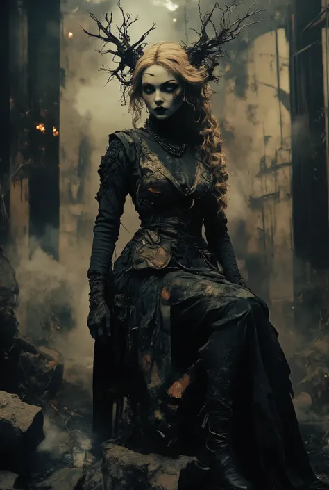 girl,Cyberpunk and goth,Blade Runner,concept, long golden wavy hair,欧洲 girl,Full body shot,Sexy, Black Style Outfit , created by Yoshitomo Nara and Jenny Saville , close up, dynamic pose, Best Quality , Melancholy Lights, Volumetric Fog