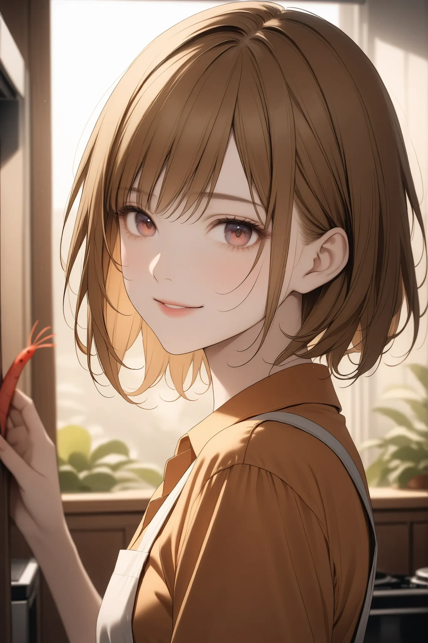 one woman、wearing an orange polo shirt、Apron、orange hair、bob hair、red eyes、Smile Yan、bright kitchen background、She is cooking、There are shrimp families around her、(80mm portrait lens、F1.8、Shot at ISO 100)、RAW pictures、cinematic lighting:1.3