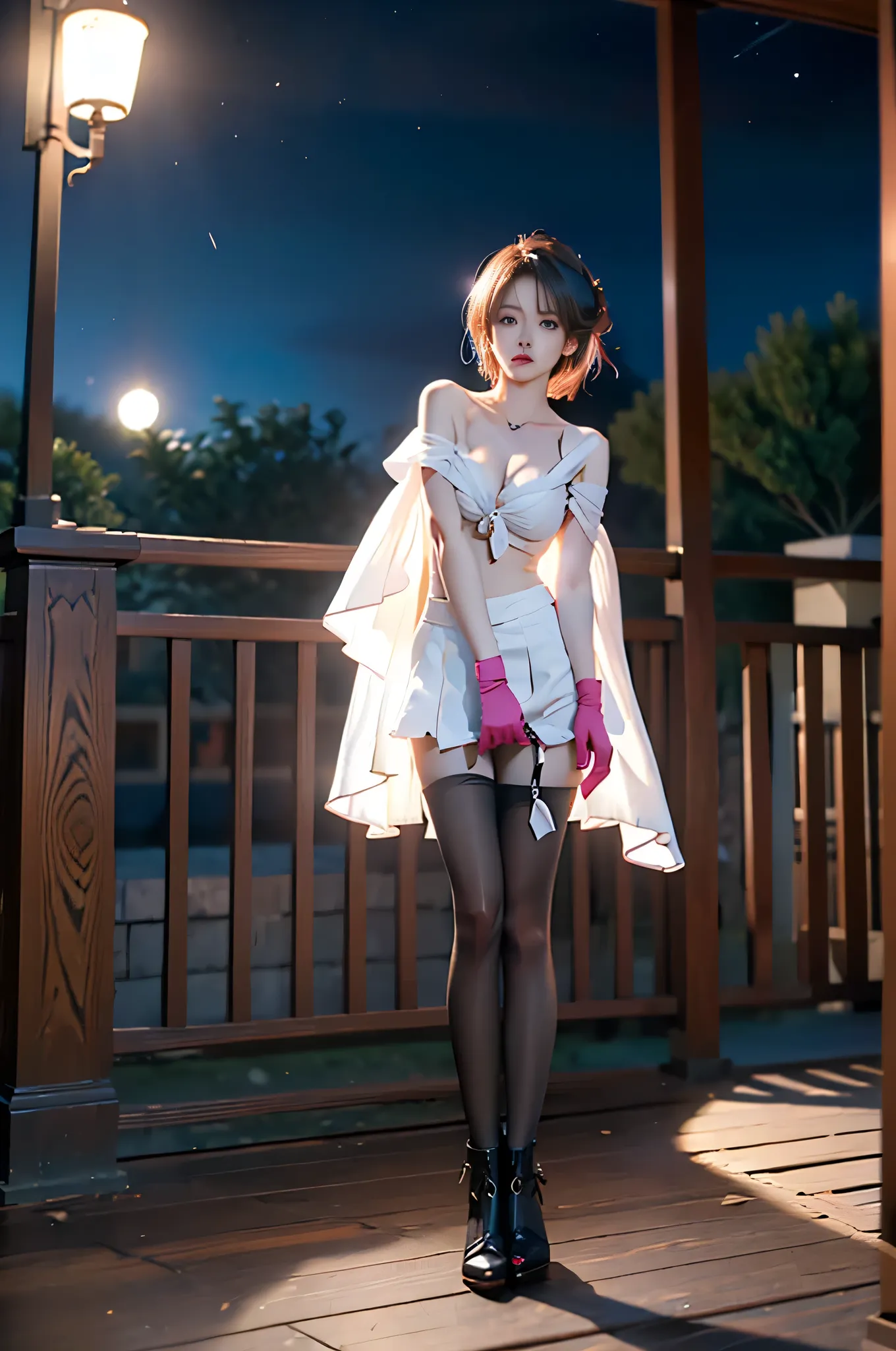 dengsfl,broken clothes,torn clothes,multicolored hair,1girl,multicolored eyes,bandages,bandaged arm,pantyhose,black footwear,pink gloves,single glove,torn pantyhose,short hair, ,,((full body, from below)), (masterpiece, best quality, ultra-detailed, 8k), r...