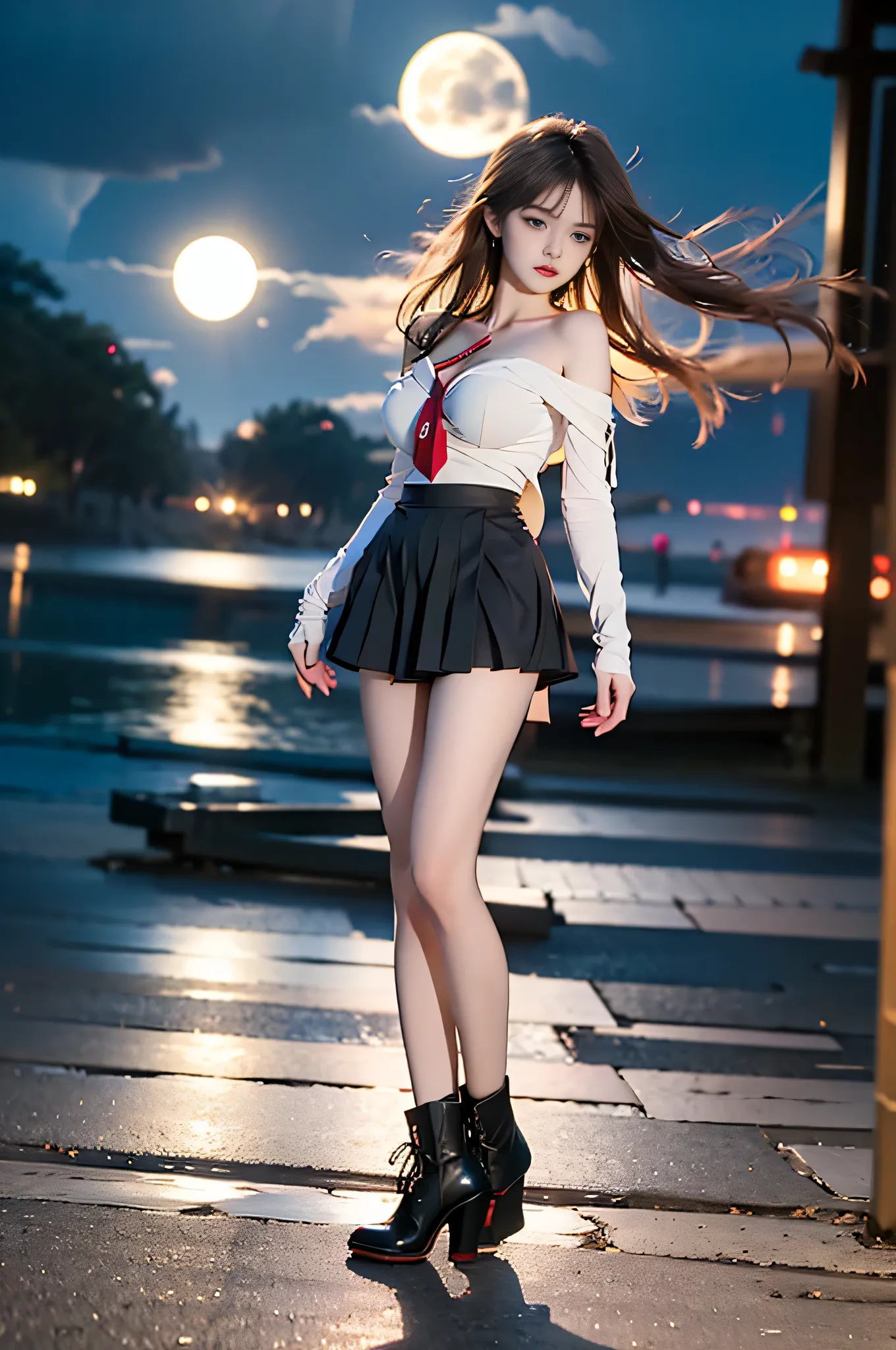 dengsfl,def clothes,brown hair,1girl,blue eyes,red necktie,gloves,pantyhose,black footwear, ,,((full body, from below)), (masterpiece, best quality, ultra-detailed, 8k), realistic, a beautiful sexy long-legged model ((Random scene)), ((Random posture)), (I...