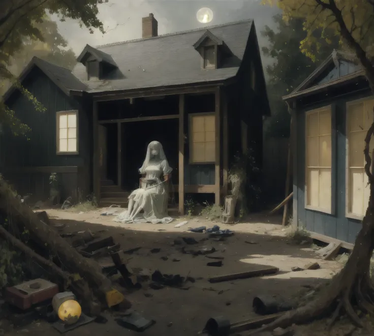 masterpiece, best quality, ultra high res, beautiful, visually stunning, elegant, incredible details,  award-winning art,  An abandoned doll, with chipped porcelain skin and matted hair, eerily illuminated moonlight,  spooky backyard. doll's vacant eyes se...