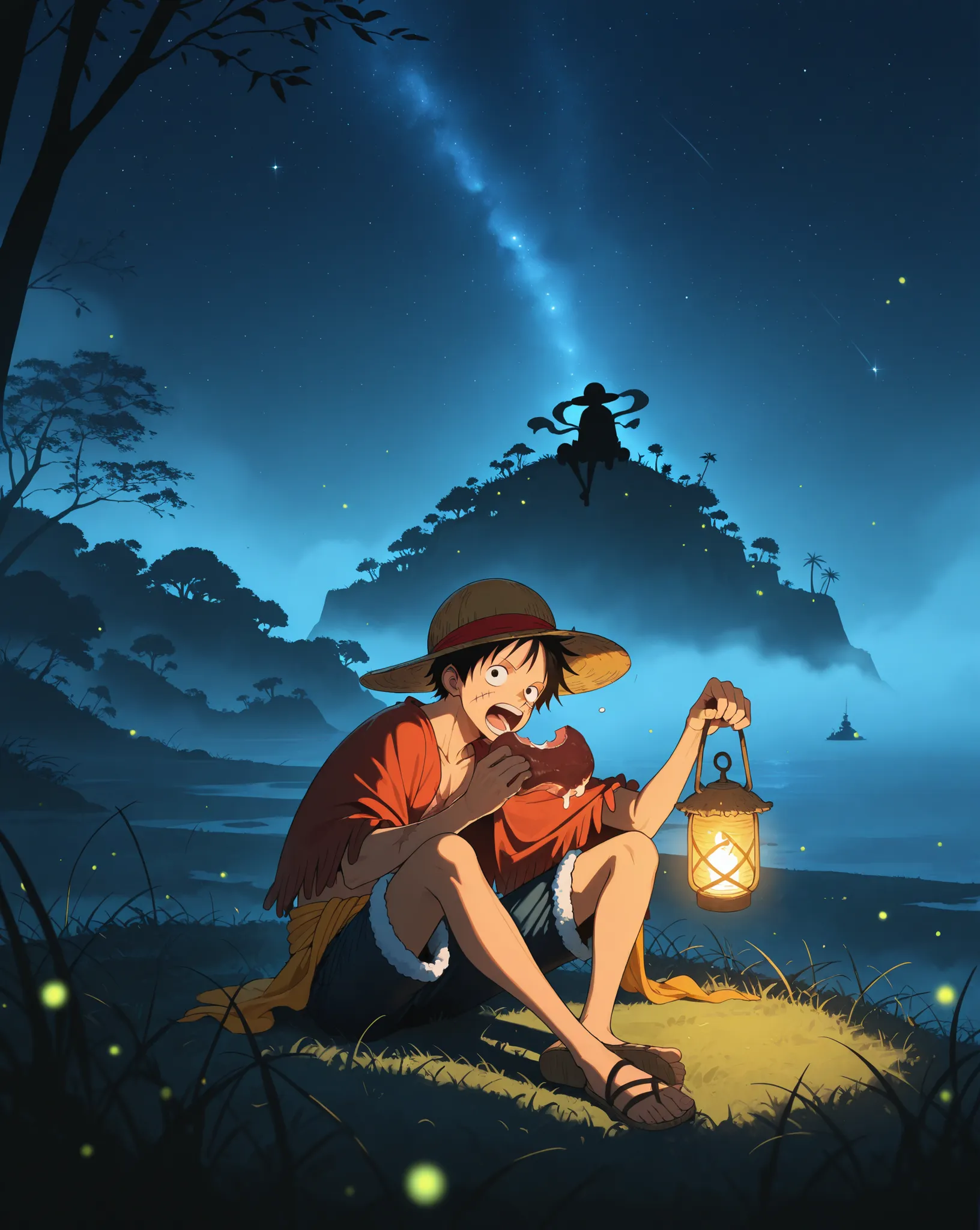 Volumetric lighting, absurdres, masterpiece,1boy,solo, luffy one piece, straw hat, dust, moonlight, lantern, eating meat, fog, mysterious nature, very high contrast. Silent night, fireflies, star (sky), scar, scar on face, shawl, shorts,  island, shadow si...