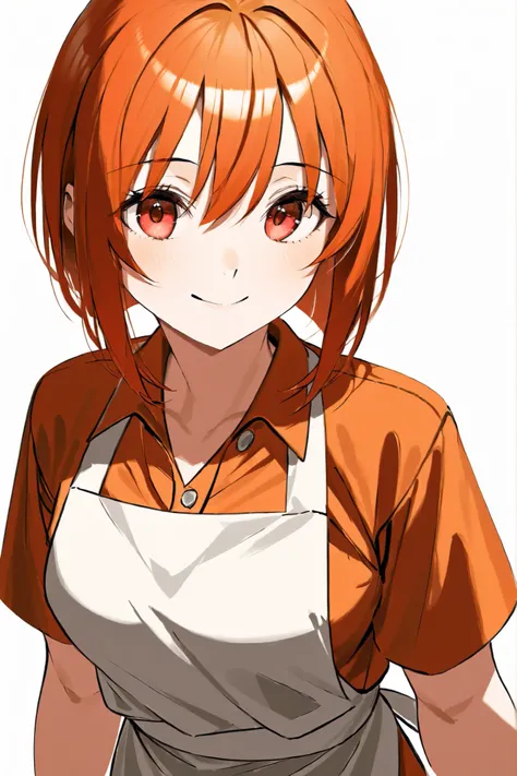 one woman、wearing an orange polo shirt、Apron、orange hair、bob hair、red eyes、Smile Yan、bright kitchen background、She is cooking、There are shrimp families around her、(80mm portrait lens、F1.8、Shot at ISO 100)、RAW pictures、cinematic lighting:1.3