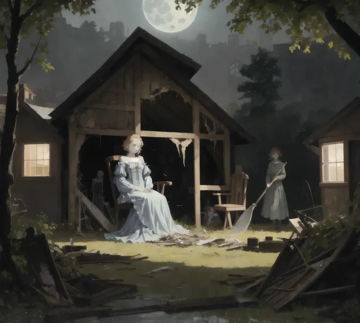 masterpiece, best quality, ultra high res, beautiful, visually stunning, elegant, incredible details,  award-winning art,  An abandoned doll, with chipped porcelain skin and matted hair, eerily illuminated moonlight,  spooky backyard. doll's vacant eyes se...