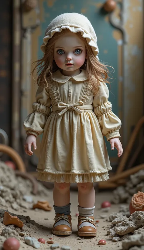 abandoned doll,abandoned doll, Walking Pose ,expression,Desolate Decorations,Broken Eyes,Hurt But Unforgotten Memories,Abandoned,Texture,Dark Atmosphere,ruins,Fantasy,dark tone,high resolution,Fine,4K,Ultra-realistic,illustrations, old,portrait