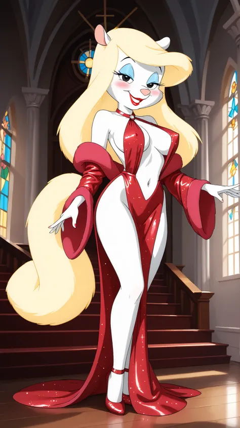 full body view, masterpiece, best quality, highly detailed, score_9, score_8_up, score_7_up, score_6_up, BREAK, minerva mink, 1girl, standing in a sultry pose, (white fur), white skin, blonde hair, front view, viewed from below, dutch angle, blushing, fluf...