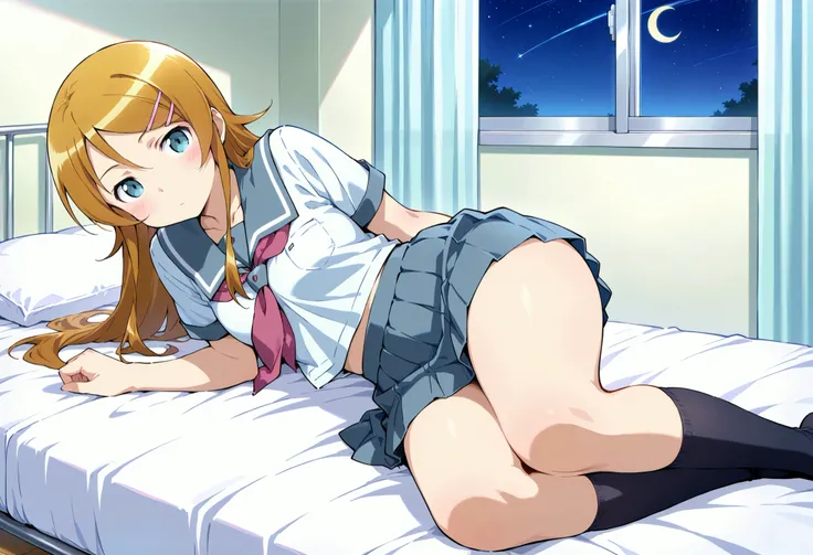 1girl,kousaka kirino, serafuku, blue pleated skirt,short sleeves, red neckerchief,black socks,expressionless,thick thighs,crescent moon, stars (sky),looking at viewer,Infirmary,bed on a futon