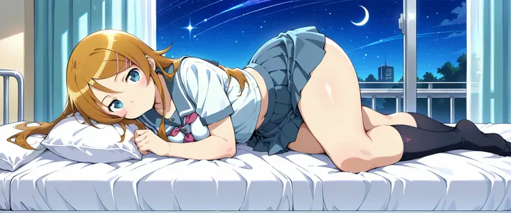 1girl,kousaka kirino, serafuku, blue pleated skirt,short sleeves, red neckerchief,black socks,expressionless,thick thighs,crescent moon, stars (sky),looking at viewer,Infirmary,bed on a futon
