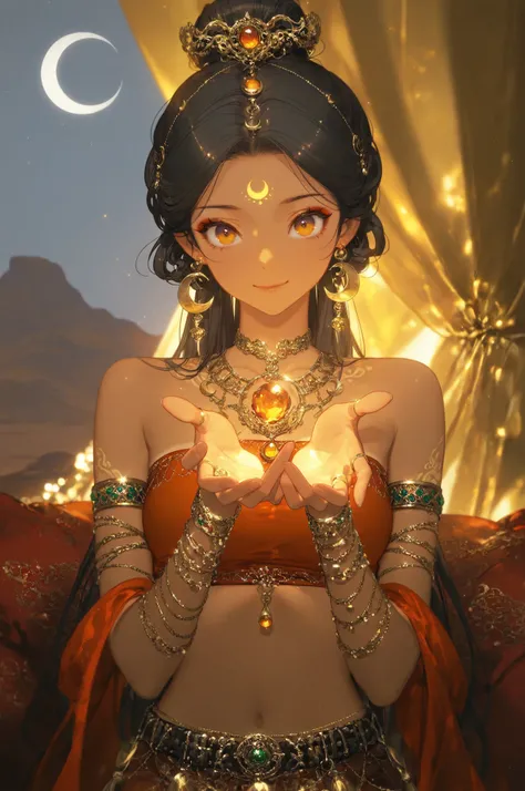 mian_lang,masterpiece, best quality, ultra-detailed, 8k resolution, illustration, cinematic lighting, sharp focus,
1girl, solo, beautiful, alluring desert dancer,
(ornate gold and silver jewelry:1.2), (mesmerizing amber eyes:1.1), (skin shimmering with gol...