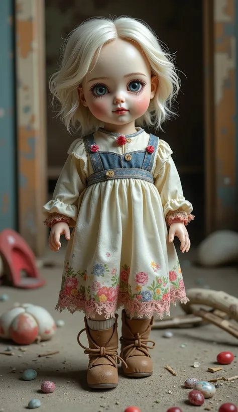 abandoned doll,abandoned doll, Walking Pose ,expression,Desolate Decorations,Broken Eyes,Hurt But Unforgotten Memories,Abandoned,Texture,Dark Atmosphere,ruins,Fantasy,dark tone,high resolution,Fine,4K,Ultra-realistic,illustrations, old,portrait