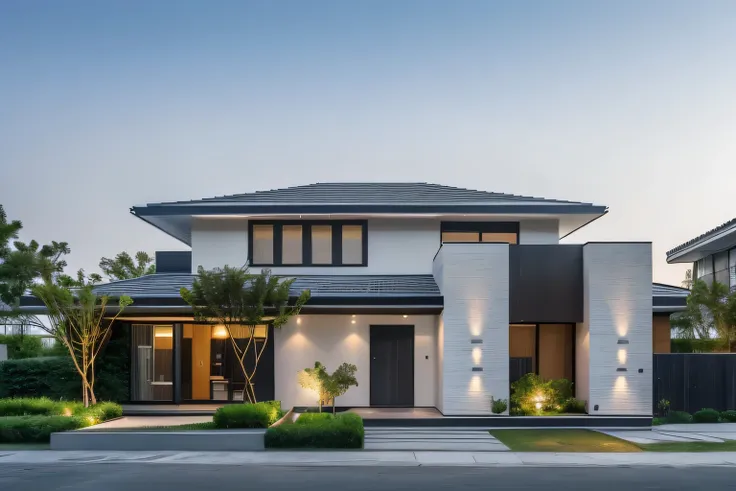 1 morden house , coffee space :1.4, main material of white wall and wood, wide yard , 1 driveway in front of the house, (Original photo, real , best quality, Masterpiece:1.2), minimalist modern look, 1 street in front of the house , shimmering light,...