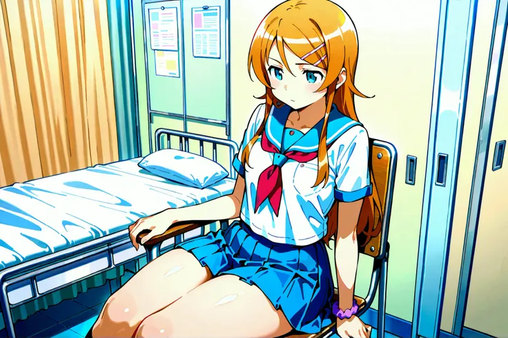 Expressionless kousaka kirino, serafuku, blue pleated skirt,short sleeves, red neckerchief,black socks, infirmary,sitting on chair,thick thighs