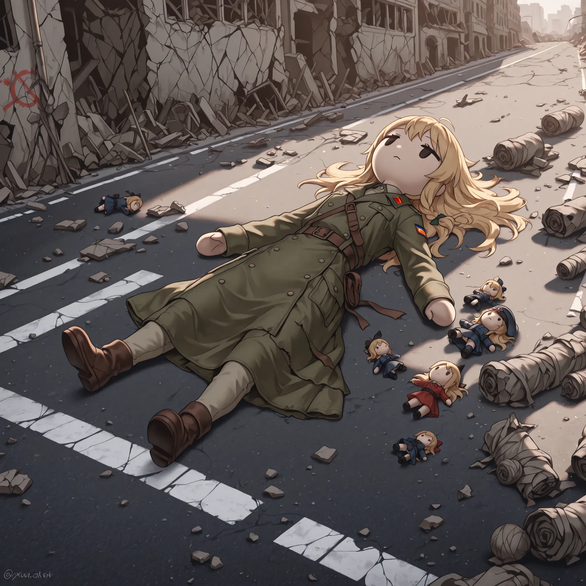 City of ruins, Ukraine war, masterpiece, best quality, street, no human, one little doll, tied broken doll, lying on the asphalt,