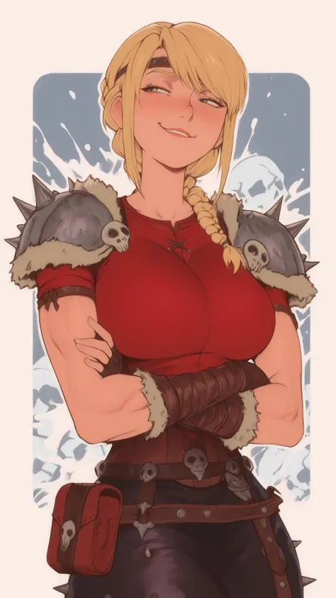 flat color, WaifuDiffusionStyle, neutral background, white splash stylized outline background——-1girl, astrid_hofferson, ((mature woman)), muscular arms, blonde_hair, braided_hair, side_bangs, blue_war_paint, breast, confident_expression, viking_attire, fu...