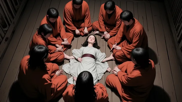 Overhead view from above, Eight Buddhist priest wearing orange kimonos and several prayer beads around their necks are sitting in a circle, fervently praying around a young woman lying in the center wearing a white kimono. The scene takes place inside an o...
