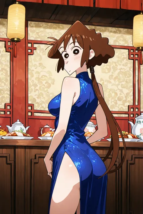 NSFW, Masterpiece, best quality, high resolution, very detailed, lora: misae nohara, dark brown hair、China blue dress, sleeveless,Chinese restaurant, (medium breasts)   inner thighs focus, pic from behind      (she is looking behind her back ar viewers)