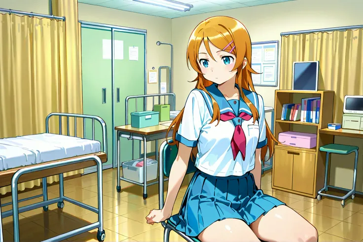 Expressionless kousaka kirino, serafuku, blue pleated skirt,short sleeves, red neckerchief,black socks, infirmary,sitting on chair,thick thighs