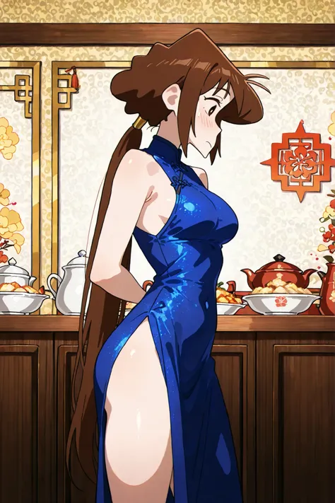 NSFW, Masterpiece, best quality, high resolution, very detailed, lora: misae nohara, dark brown hair、China blue dress, sleeveless,Chinese restaurant, (medium breasts)   inner thighs focus, pic from behind      (she is looking behind her back ar viewers)