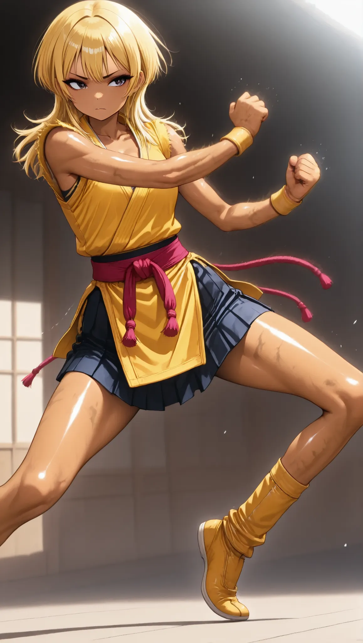 beautiful martial artist,Muay Thai Guru、Kickboxing Fighting Poses,action,wolf cut,yellow hair,brown skin,thin legs,perfect face,anatomically accurate,top quality,Textured Skin,Film lighting effects,animated screenshot, Ouka-chan、kogyaru