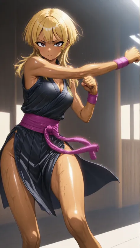 beautiful martial artist,solo、Muay Thai Guru、kickboxing fighting pose showing off Muay Thai skills,action,wolf cut,yellow hair,brown skin,thin legs,perfect face,anatomically accurate,top quality,Textured Skin,Film lighting effects,anime screenshot, Ouka-ch...
