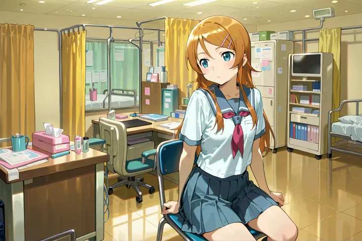 Expressionless kousaka kirino, serafuku, blue pleated skirt,short sleeves, red neckerchief,black socks, infirmary,sitting on chair,thick thighs