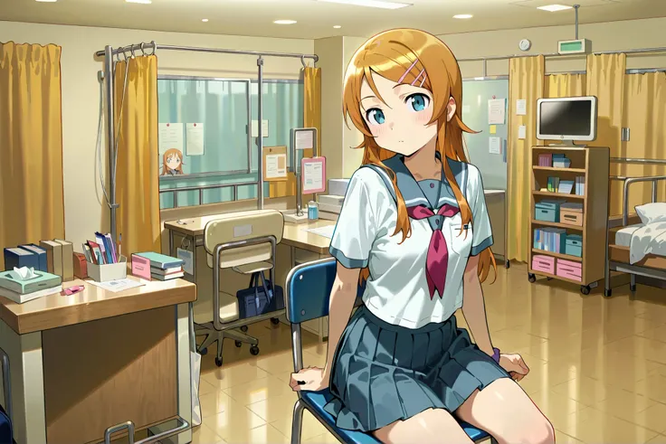 Expressionless kousaka kirino, serafuku, blue pleated skirt,short sleeves, red neckerchief,black socks, infirmary,sitting on chair,thick thighs,looking at viewer