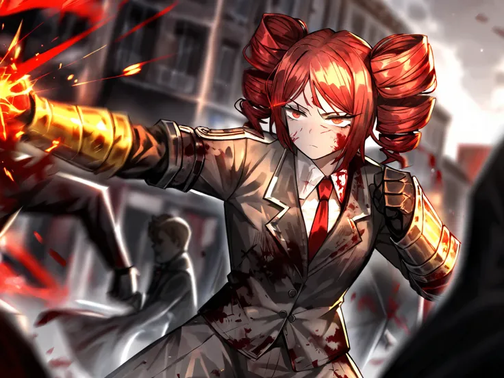 1girl,solo,swing your fists,weapon effects,close-up of the gauntlet(s),Dynamic,tension,blur the background,jet-black,,fighting_stance,blood is flying,cowboy_shot,red hair,gloves,black gloves,kasane teto (SynthV),red eyes,black cape,shirt,white dress shirt ...